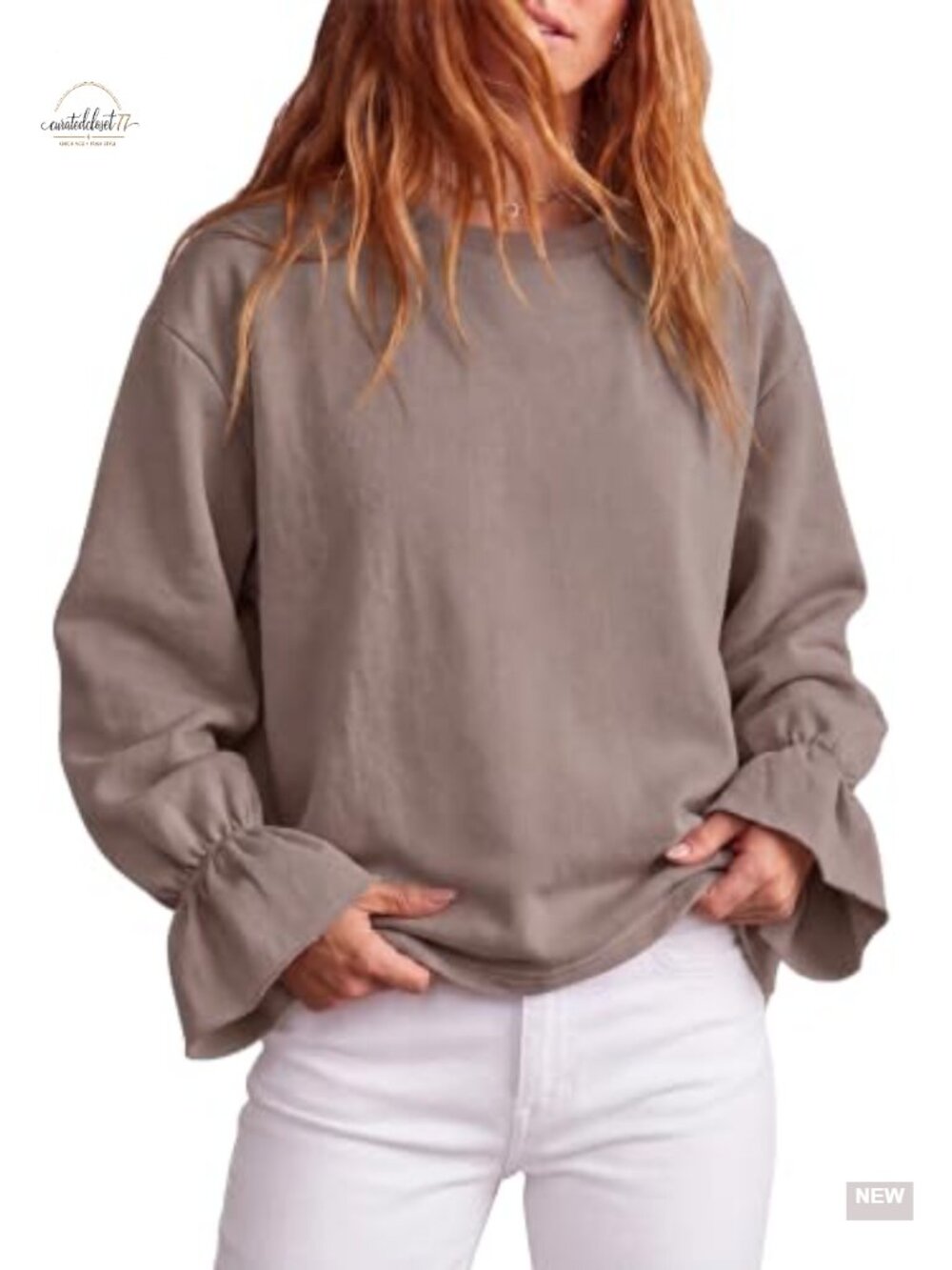 Oversized Crew Neck Ruffle Sleeve Fleece Sweatshirt Casual Pullover